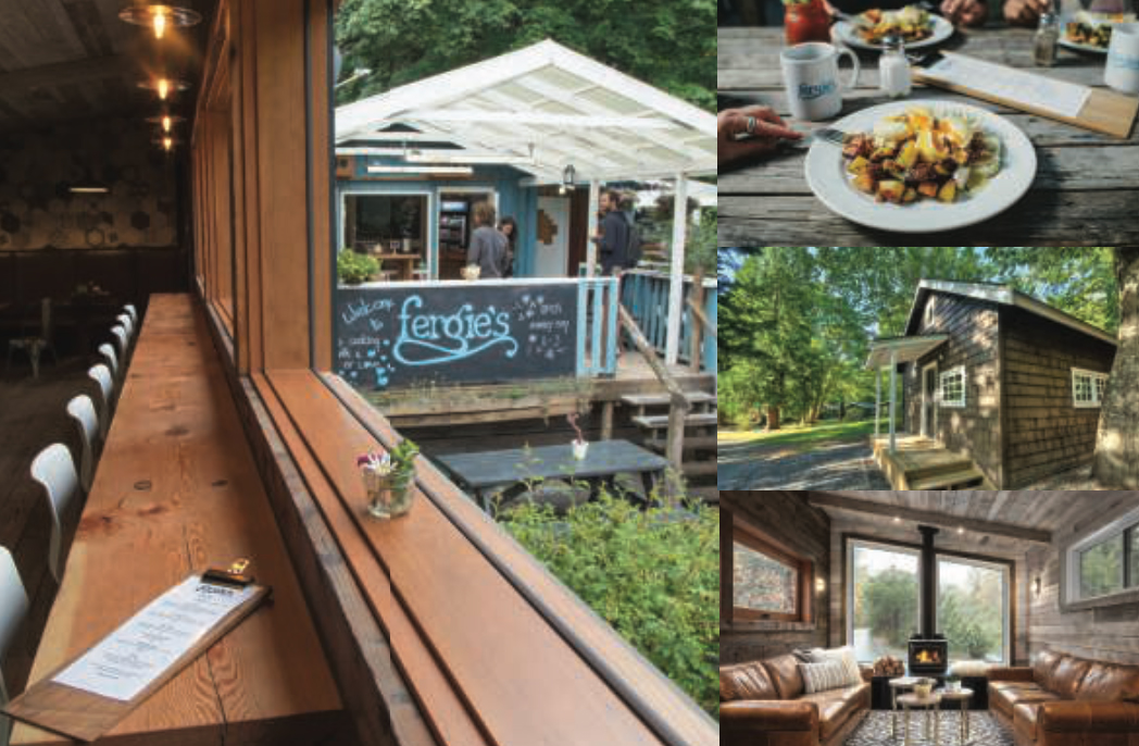 Scenes from Sunwolf resort, including the famous Fergie’s Cafe and their cozy rental cabins. Credit: Sunwolf.