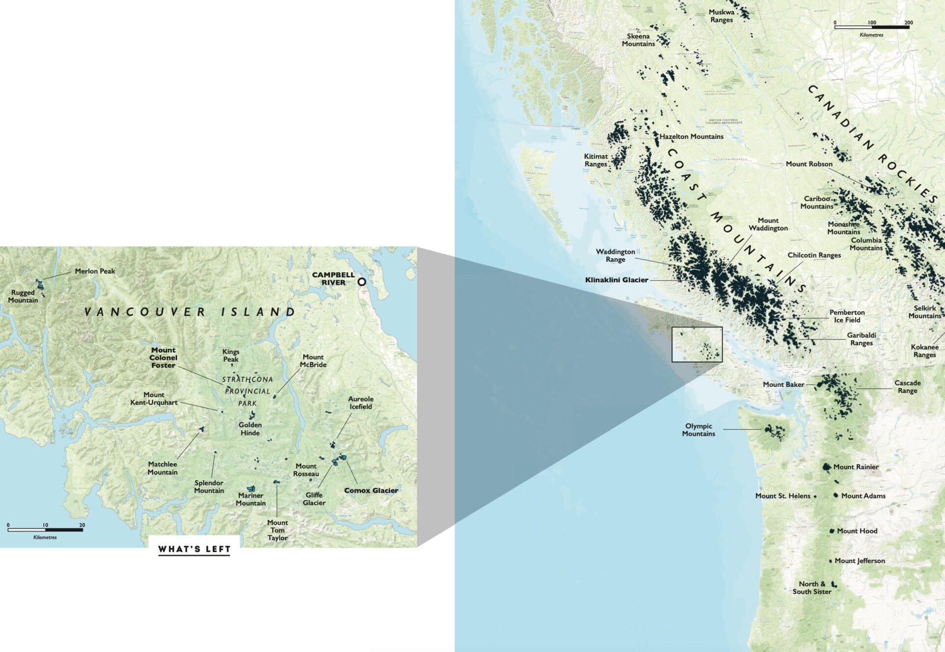 This map shows what remains of the last ice age in British Columbia; the black patches indicate where glaciers are still found. The largest glaciers blanket the central Coast Mountains in the vicinity of Mount Waddington, which at 4,109 metres is the highest peak entirely within BC. 