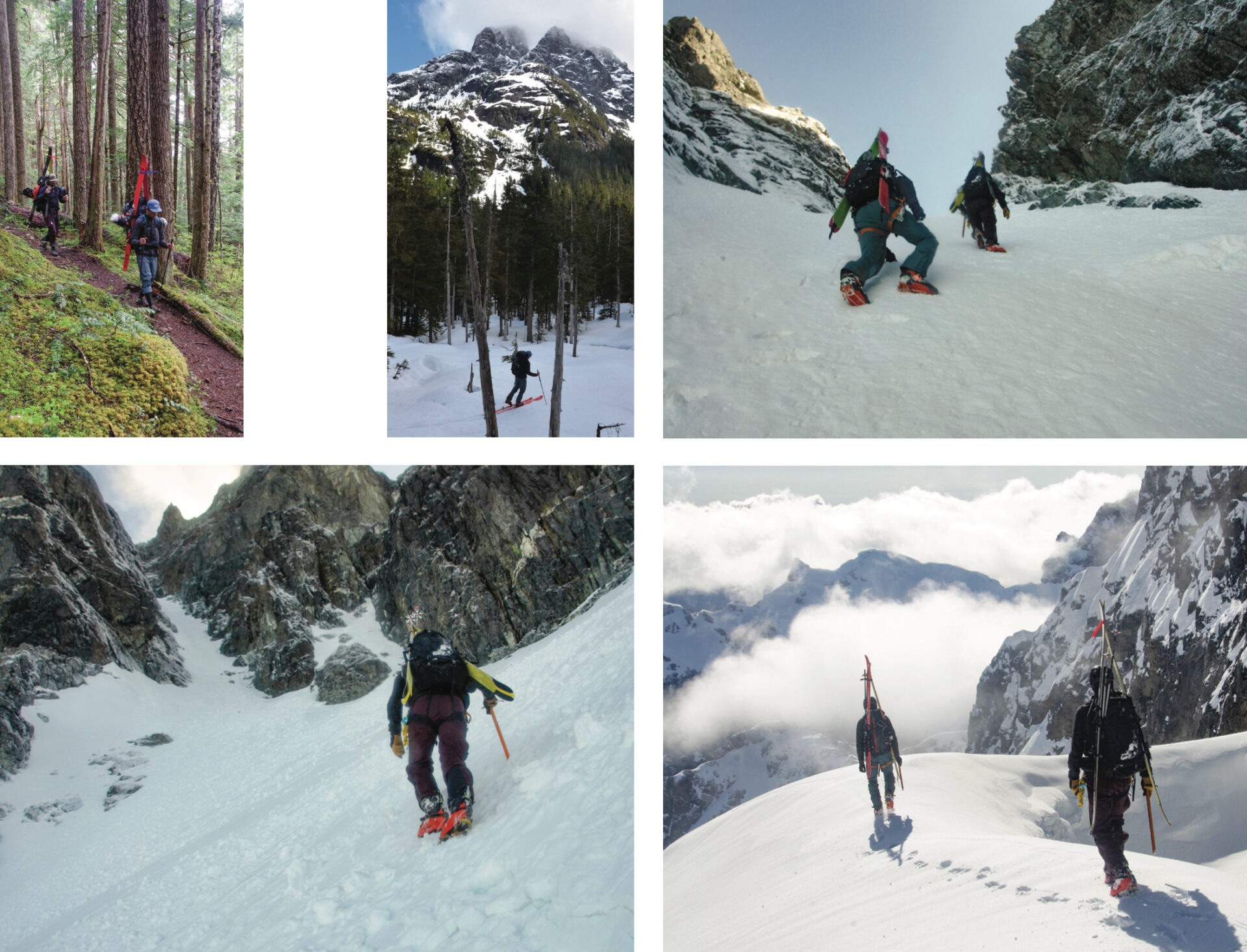 The author and two friends, Tyson Curtin-Nourse and Joe Schwartz, travelled up the Butterwort Creek Valley to climb and ski the Great West Couloir. From the top of the couloir it’s possible to peer down the other side at “the snow band” and the mountain’s 1000-vertical-metre east face. 