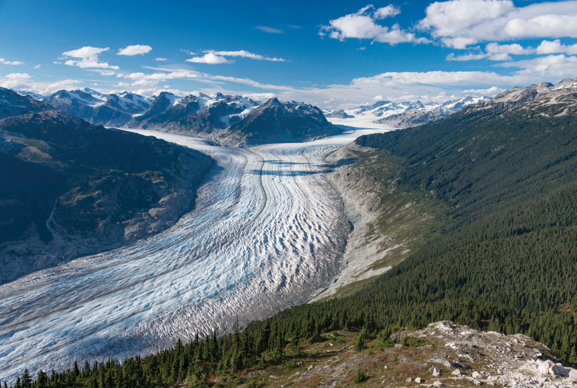 The Klinaklini is one of the largest glaciers in North America. It flows southward from Mount Silverthrone in the Coast Mountains to its terminus, forming the headwaters of the Klinaklini River that eventually drains into Knight Inlet. Photo by Brian Menounos.