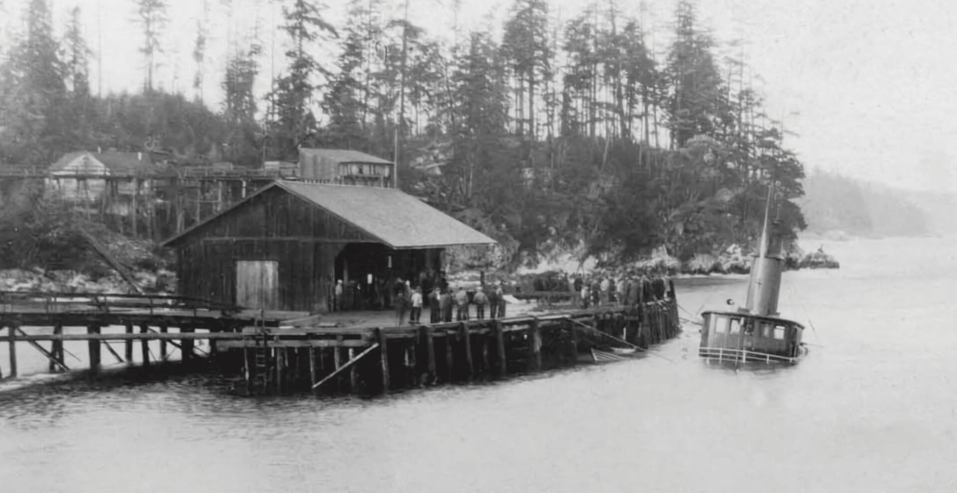 Sunken Union Steamship Cheslakee at Van Anda Wharf. Photo by The Texada Island Museum & Archives.